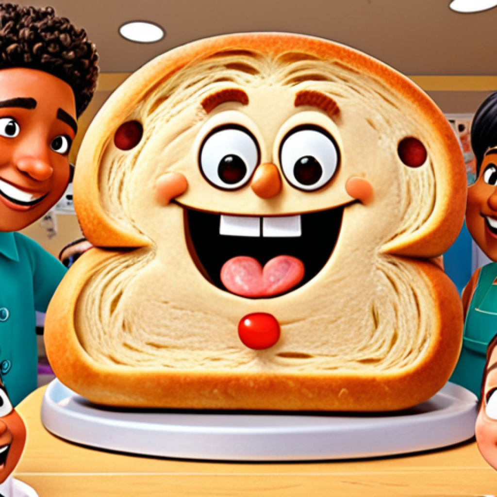 A vibrant, cheerful illustration of 'Brad's Barbershop'. Brad, an anthropomorphic bread character, is giving a whimsical haircut to another unique bread character with an expressive face. Surrounding them are several happy, diverse children, looking engaged and empathetic, subtly conveying the show's positive educational message and its strong character connection. The scene should feel imaginative and safe for kids, with a friendly animated style.