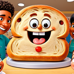 A vibrant, cheerful illustration of 'Brad's Barbershop'. Brad, an anthropomorphic bread character, is giving a whimsical haircut to another unique bread character with an expressive face. Surrounding them are several happy, diverse children, looking engaged and empathetic, subtly conveying the show's positive educational message and its strong character connection. The scene should feel imaginative and safe for kids, with a friendly animated style.