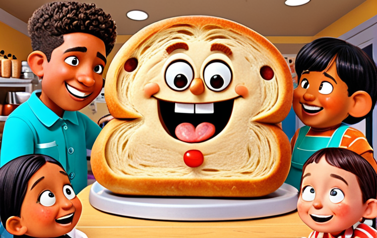 A vibrant, cheerful illustration of 'Brad's Barbershop'. Brad, an anthropomorphic bread character, is giving a whimsical haircut to another unique bread character with an expressive face. Surrounding them are several happy, diverse children, looking engaged and empathetic, subtly conveying the show's positive educational message and its strong character connection. The scene should feel imaginative and safe for kids, with a friendly animated style.