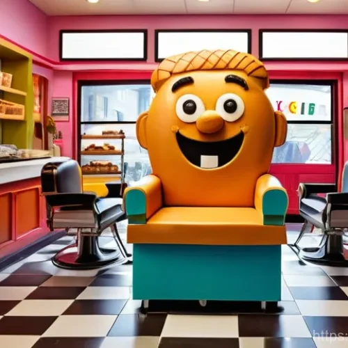 Home 23 브래드이발소와 경쟁작 비교 - An animated scene set inside a bustling, brightly colored "Bread Barbershop." The ingenious baker-tu...