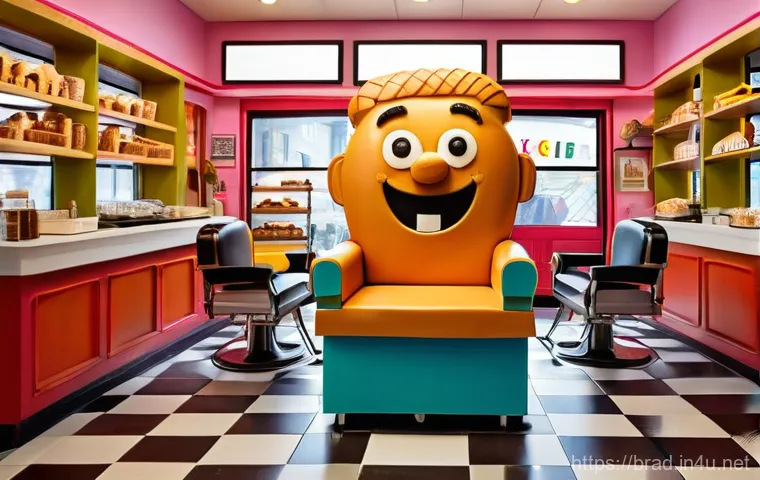 브래드이발소와 경쟁작 비교 - An animated scene set inside a bustling, brightly colored "Bread Barbershop." The ingenious baker-tu...
