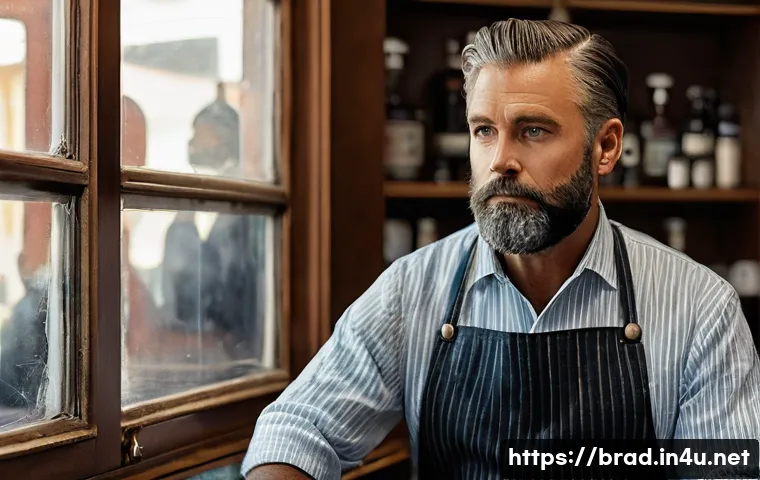 브래드이발소 캐릭터 감정선 - **Prompt for Brad:**
A grizzled, experienced male barber in his late 40s to early 50s, with a ne...